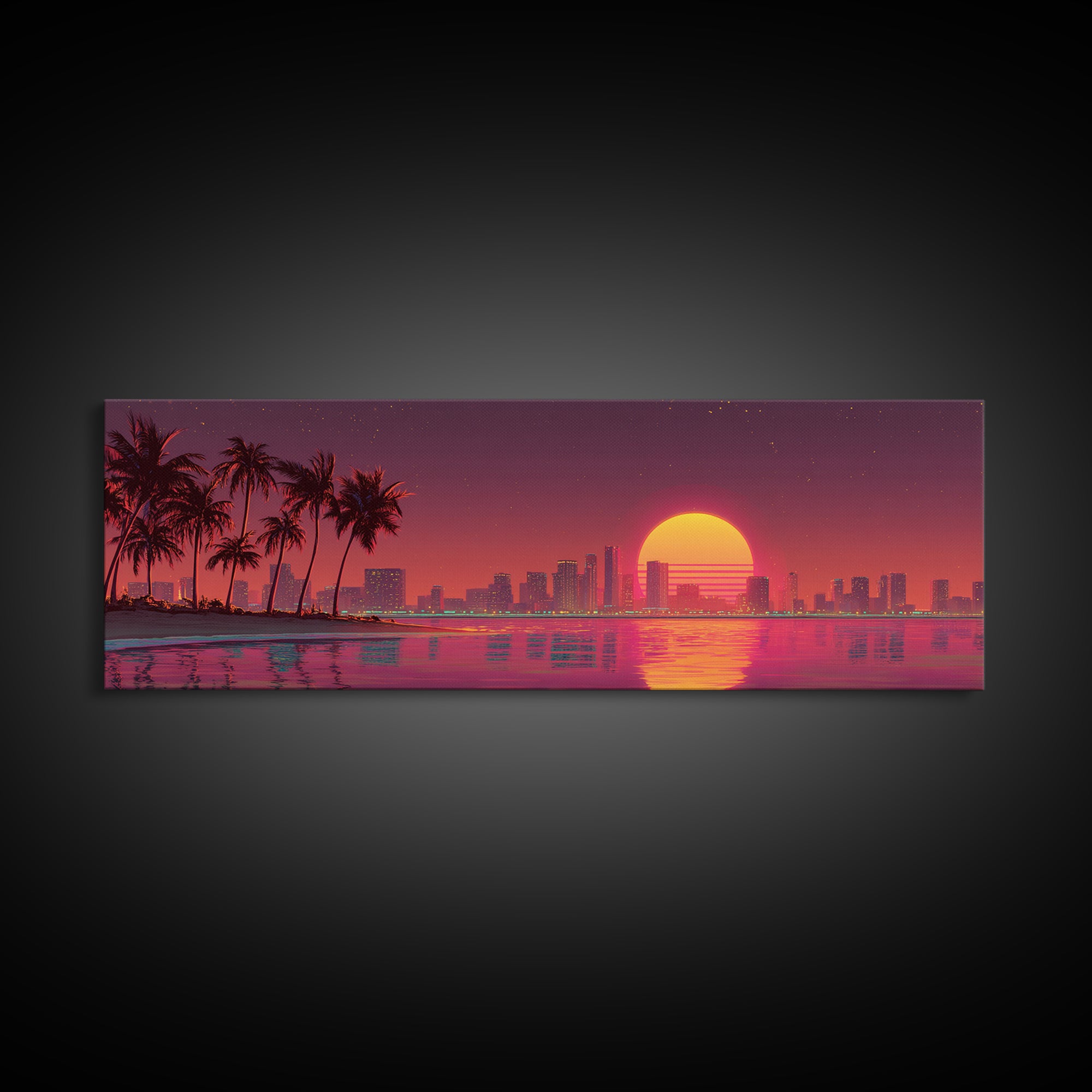 Retro Sunset City Skyline With Palm Trees Canvas Print, Synthwave Wall Art, Coastal Decor, Vaporwave Living Room Wall Decor