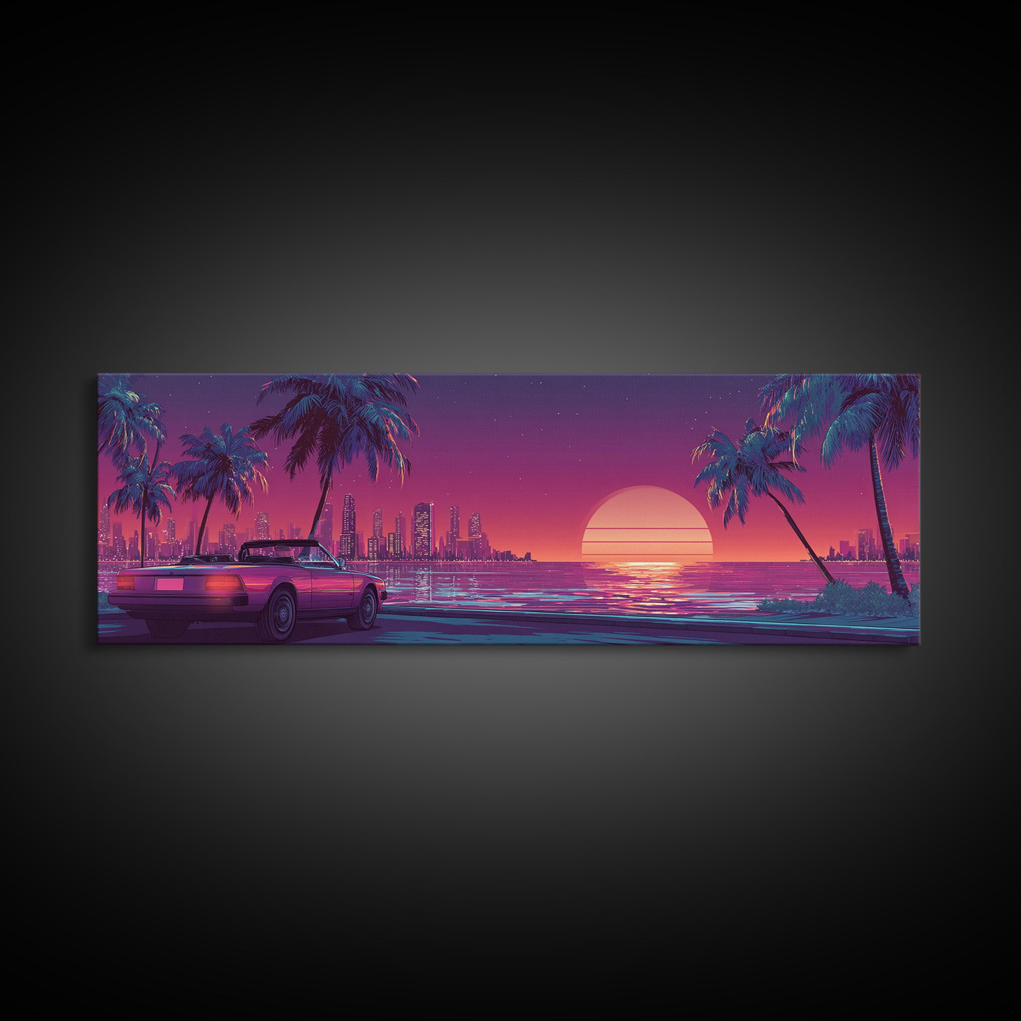 Neon Retro Sports Car On Palm Coast Canvas Print, Vaporwave City Wall Art, Synthwave Decor, Gift For Him, Man Cave Decor