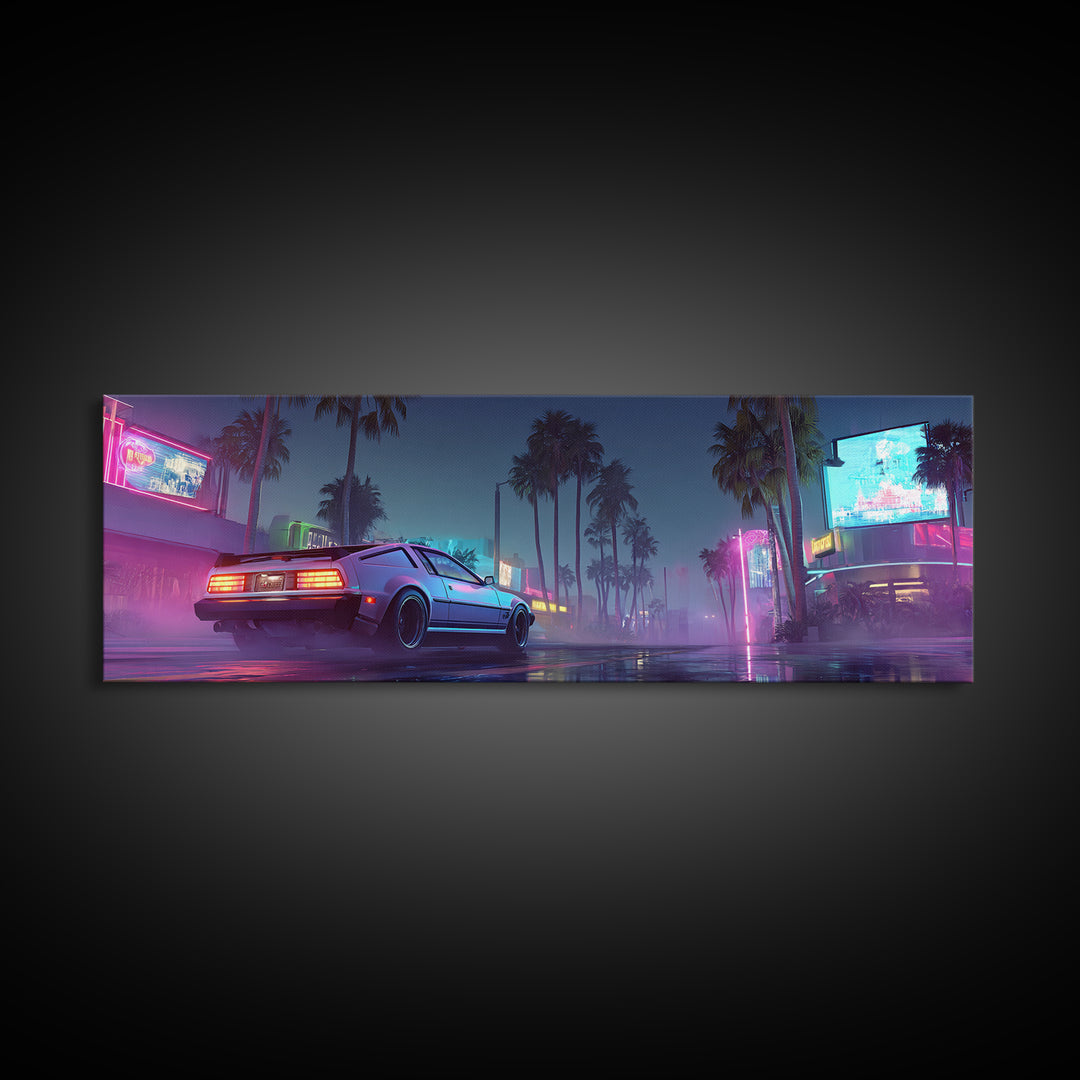 Neon Cyberpunk Sports Car Canvas Print, Futuristic Neon City Wall Art, Synthwave Gaming Room Decor, Vaporwave Gift For Him