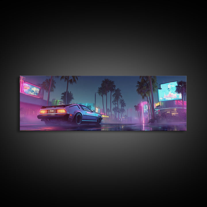Neon Cyberpunk Sports Car Canvas Print, Futuristic Neon City Wall Art, Synthwave Gaming Room Decor, Vaporwave Gift For Him