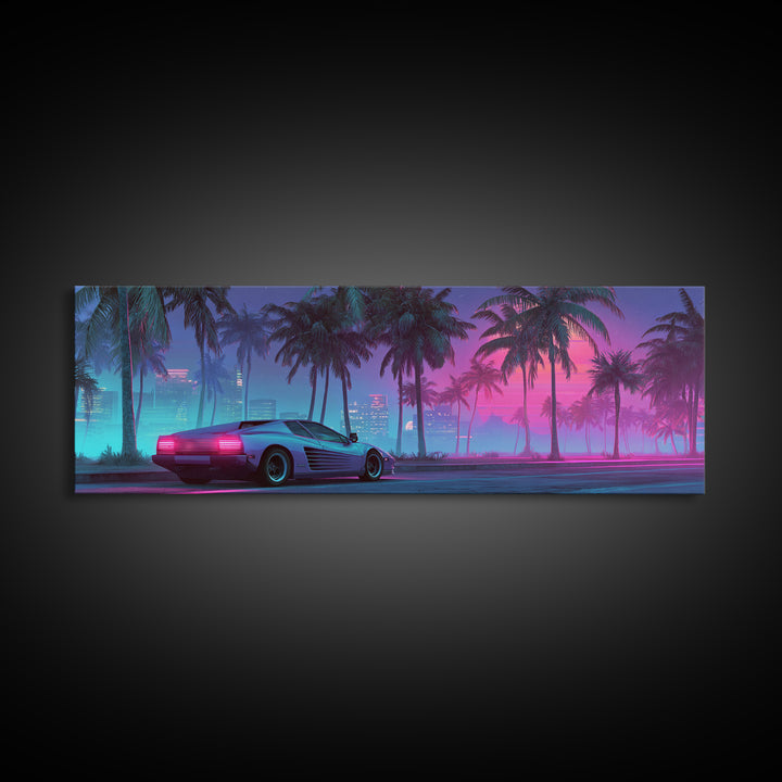 Neon Sports Car Under Palm Trees Wall Art, Cyberpunk Cityscape Canvas, Retro Futurism Decor, Gaming Room Wall Decor, Home Decor