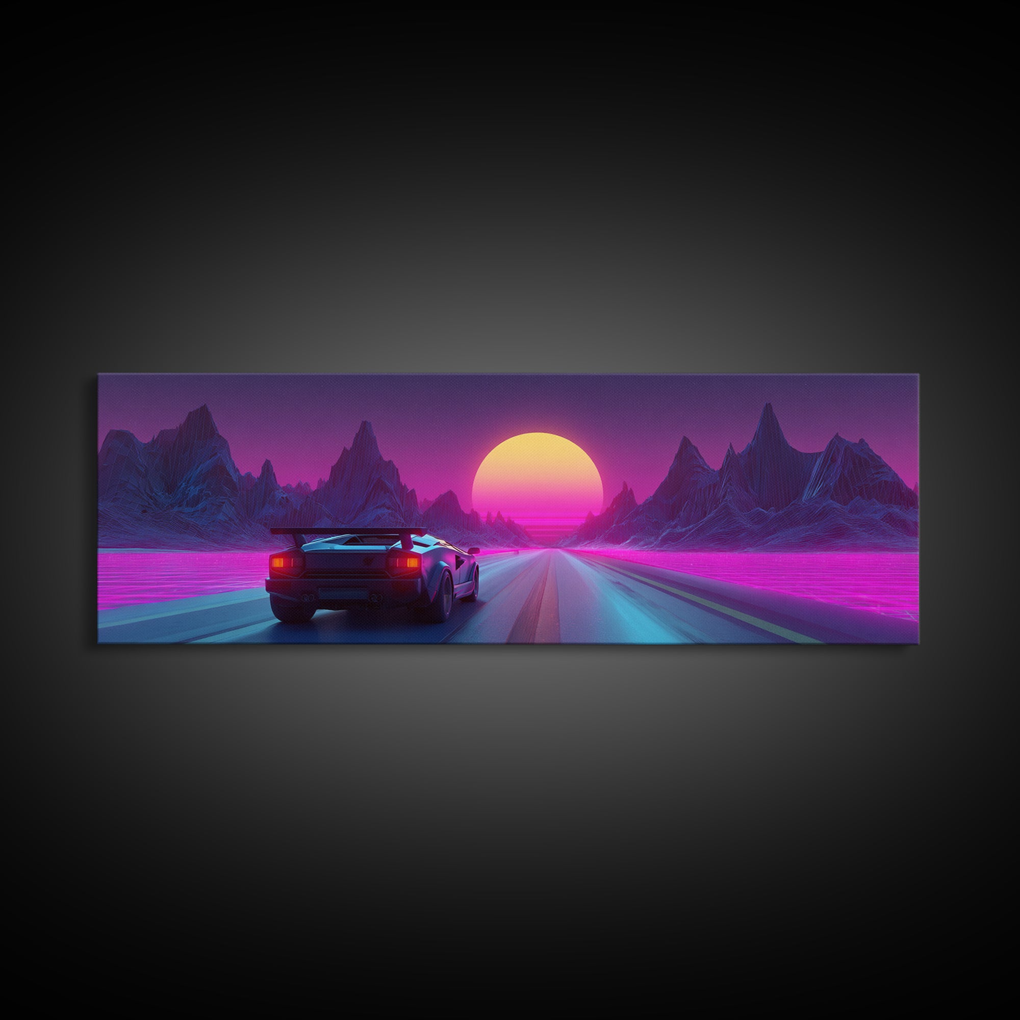 Neon Sports Car On Synthwave Highway Canvas Print, Retro Futuristic Wall Art, Cyberpunk Decor, Vaporwave Gaming Room Art