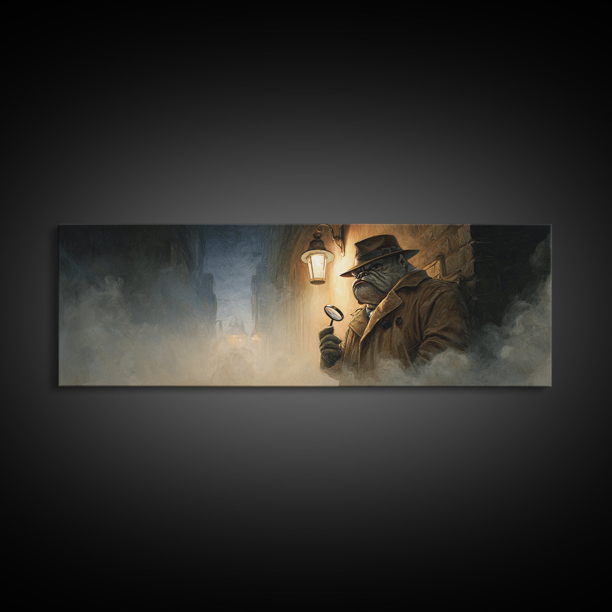 Noir Frog Detective In Foggy Alley Framed Canvas Print, Dark Academia Wall Art, Whimsical Animal Office Decor Gift For Him