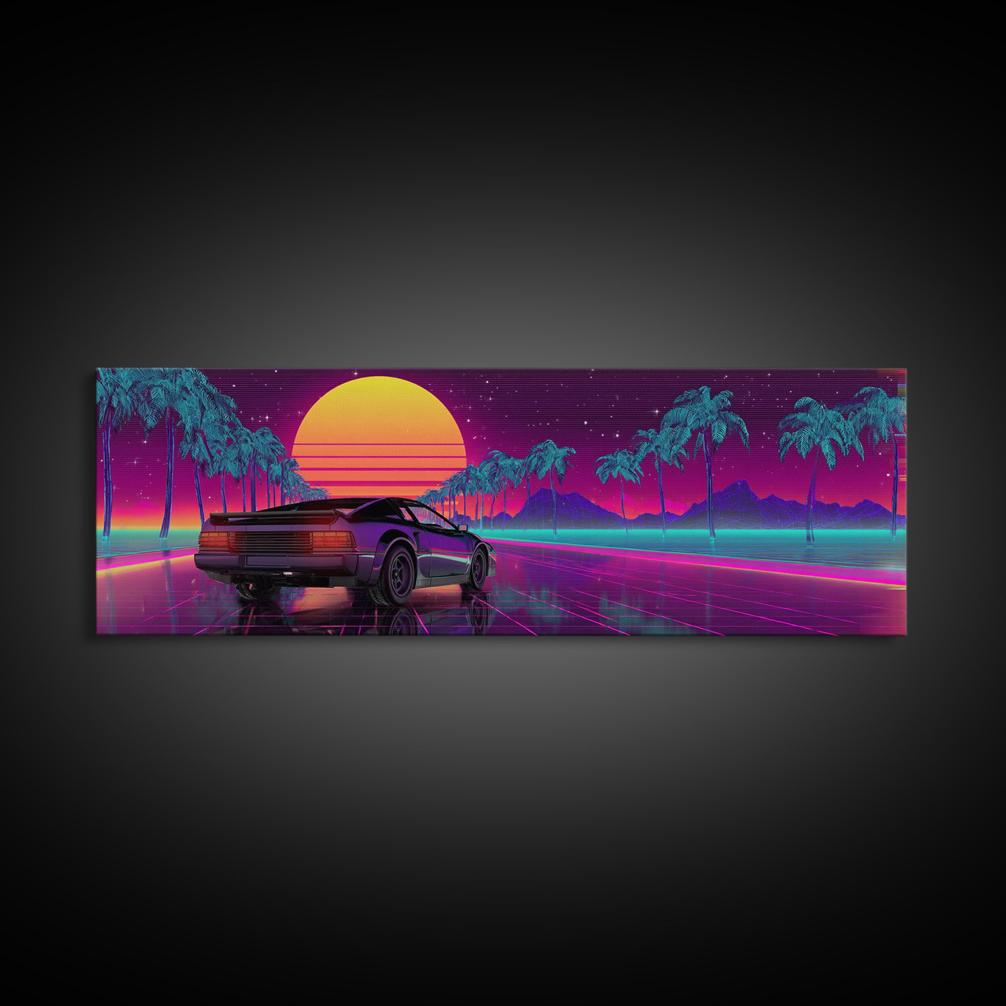 Vaporwave Sports Car Under Neon Palms Canvas Print, Retro Futuristic Wall Art, 80s Synthwave Decor, Gamer Room Poster, Modern Wall Decor