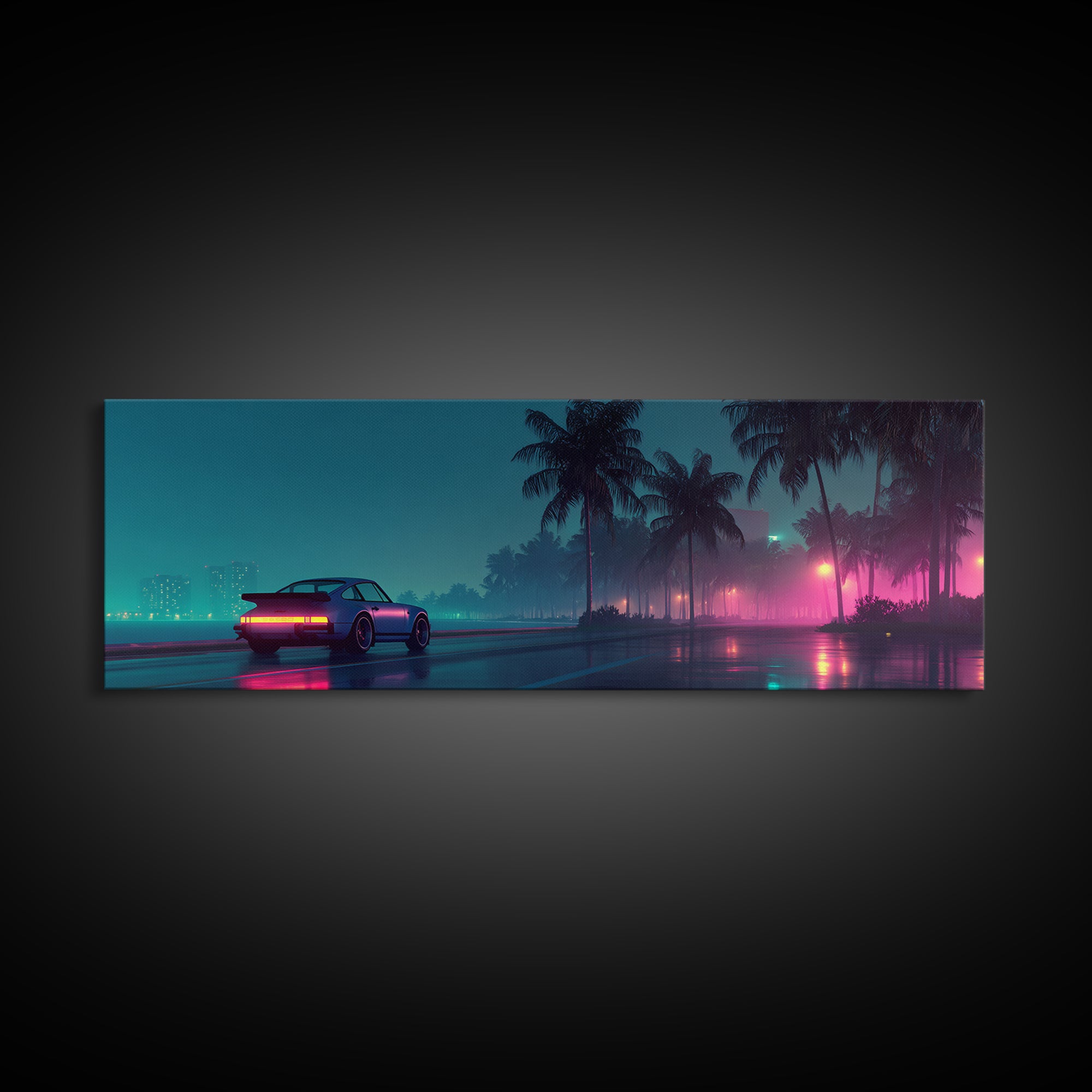 Neon Cyberpunk Sports Car Wall Art, Rainy Palm City Canvas Print, Futuristic Vaporwave Decor, Modern Gaming Room Gift For Him