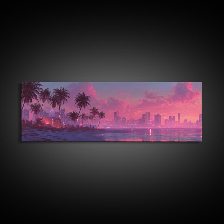 Pink Coastal City Beach Wall Art, Palm Skyline Canvas Print, Tropical Ocean Decor, Miami Style Poster, Modern Living Room Decor