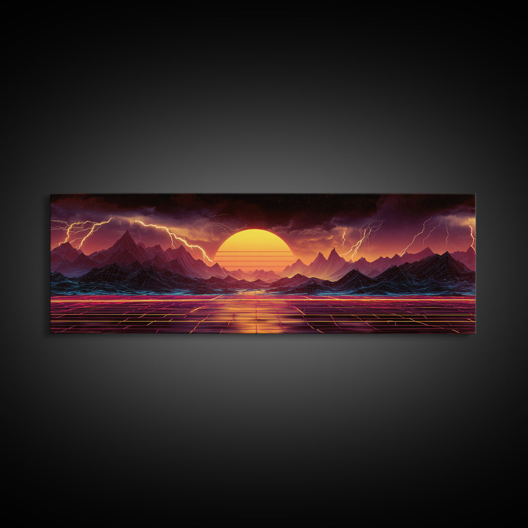 Neon Storm Mountains With Grid Sunset Wall Art, Retro Futuristic Canvas Print, Lightning Landscape For Gaming Room Decor