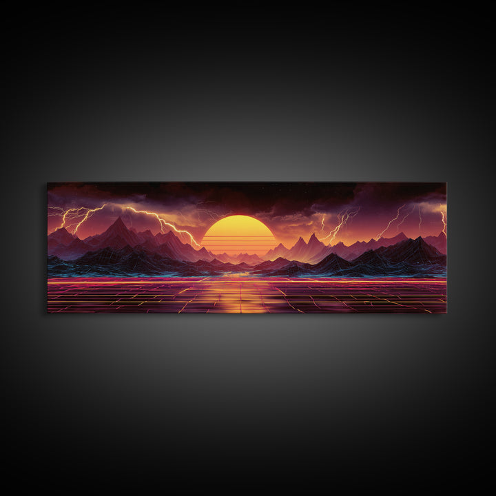 Neon Storm Mountains With Grid Sunset Wall Art, Retro Futuristic Canvas Print, Lightning Landscape For Gaming Room Decor
