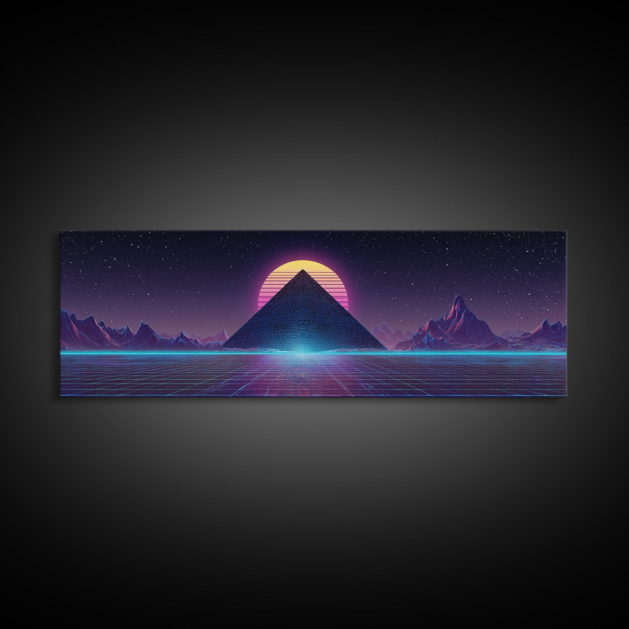 Neon Synthwave Pyramid Starfield Canvas Print, Futuristic Wall Art, Cyberpunk Decor, Retro Sci Fi Poster, Gaming Room Art