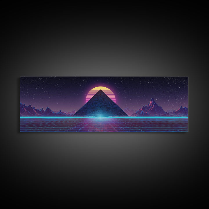 Neon Synthwave Pyramid Starfield Canvas Print, Futuristic Wall Art, Cyberpunk Decor, Retro Sci Fi Poster, Gaming Room Art