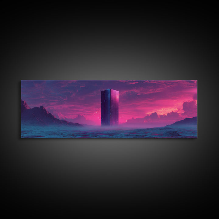 Neon Futuristic Monolith Desert Canvas Print, Sci Fi Wall Art, Alien Landscape Decor, Cyberpunk Poster, Dystopian Gift Idea