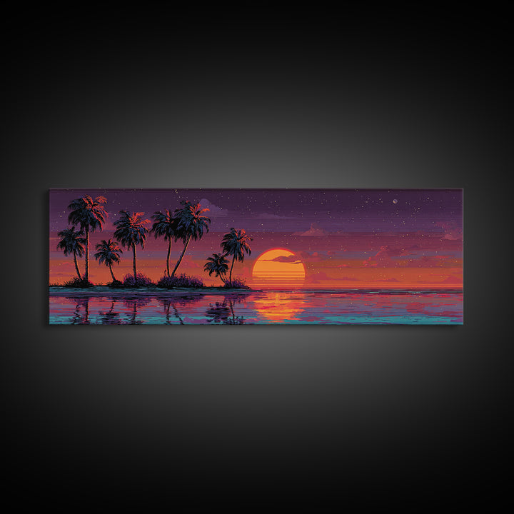 Pixel Tropical Island Wall Art, Sunset Palm Trees Over Ocean, Vibrant Retro Coastal Decor, Beach House Panoramic Canvas Print