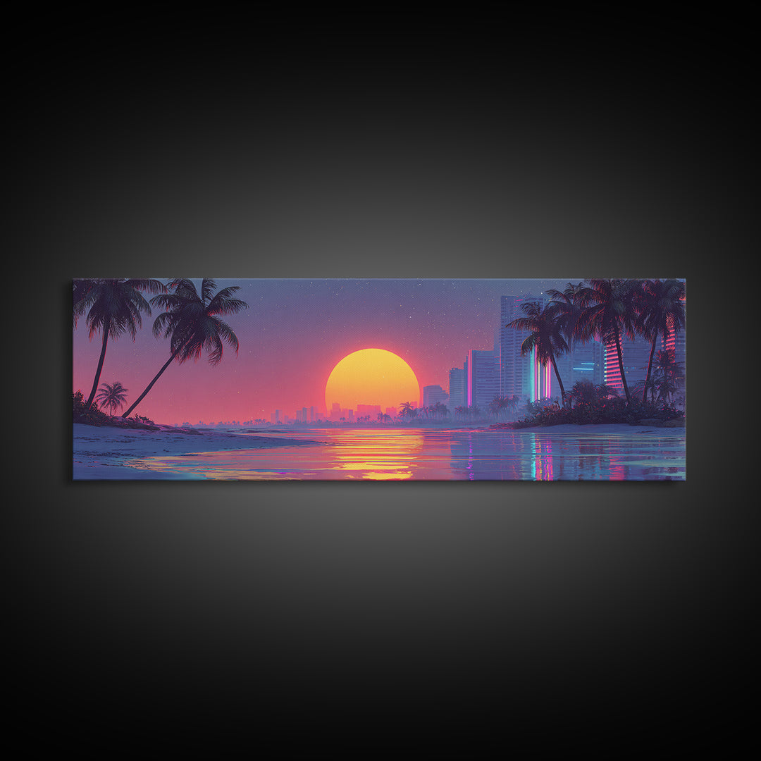 Retro Tropical Sunset Beach Wall Art, Neon Coastal Cityscape Canvas Print, Palm Tree Decor, Vaporwave Modern Bedroom Poster