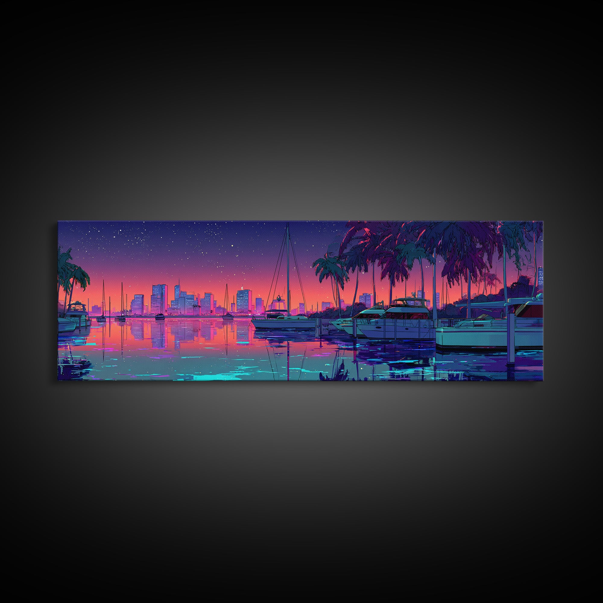 Neon Marina Skyline With Palm Trees Framed Canvas Print, Coastal City Wall Art, Miami Beach House Decor, Tropical Travel Poster