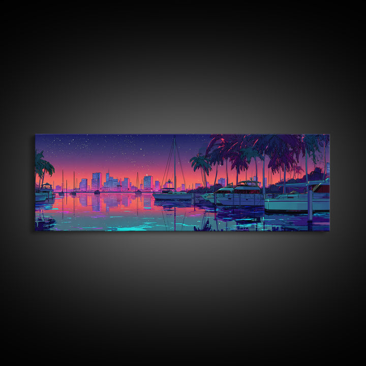 Neon Marina Skyline With Palm Trees Framed Canvas Print, Coastal City Wall Art, Miami Beach House Decor, Tropical Travel Poster