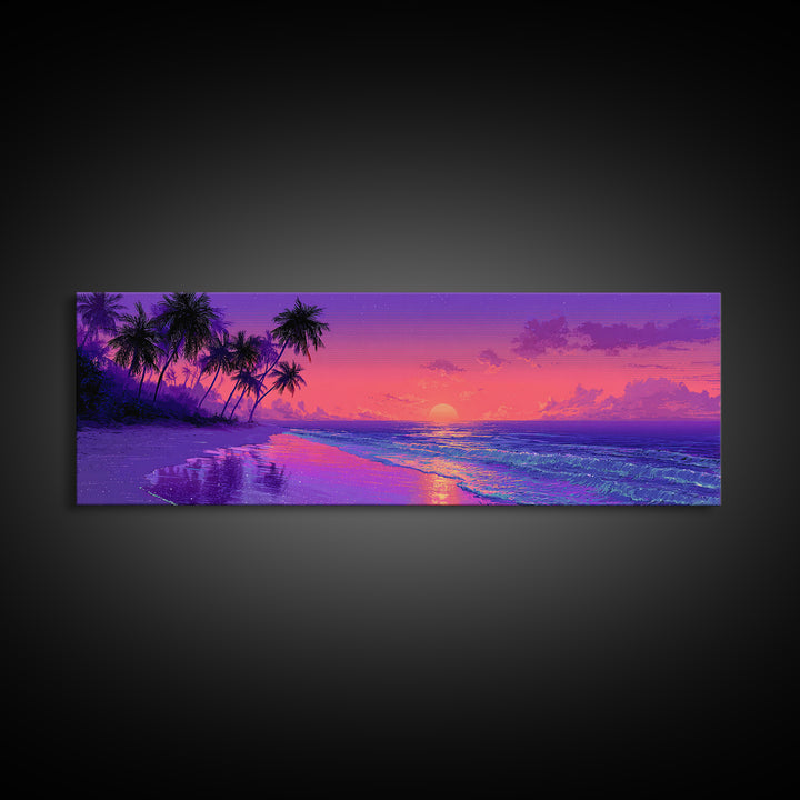 Purple Tropical Beach Sunset Canvas Print, Coastal Wall Art, Palm Tree Ocean Decor, Beach House Decor, Summer Bedroom Art