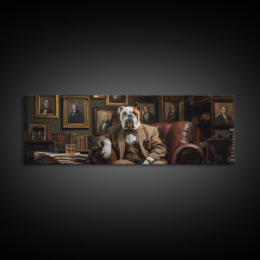 Aristocratic Bulldog In Library Chair Wall Art, Funny Animal Portrait Canvas Print, Dark Academia Office Decor Gift For Him
