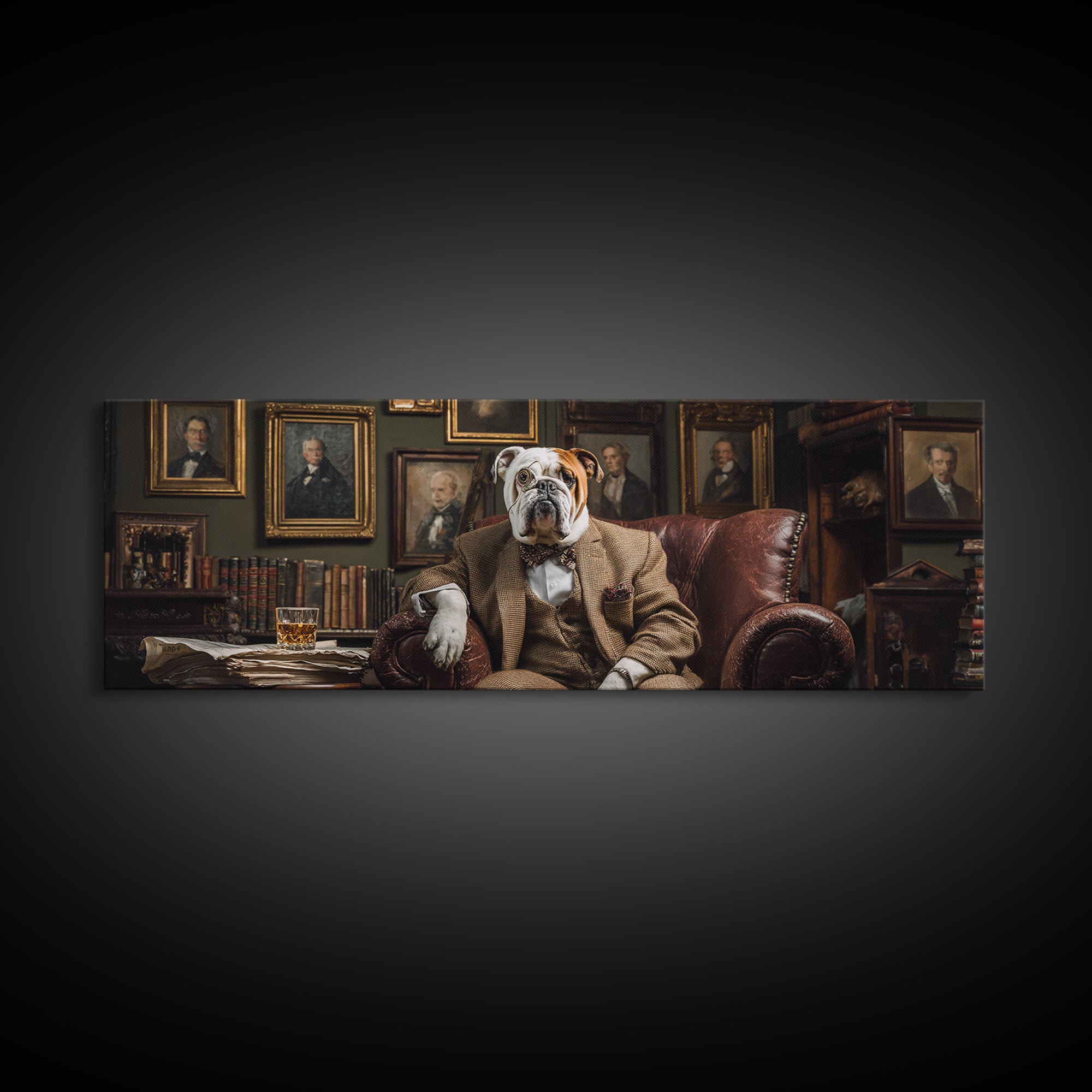 Aristocratic Bulldog In Library Chair Wall Art, Funny Animal Portrait Canvas Print, Dark Academia Office Decor Gift For Him