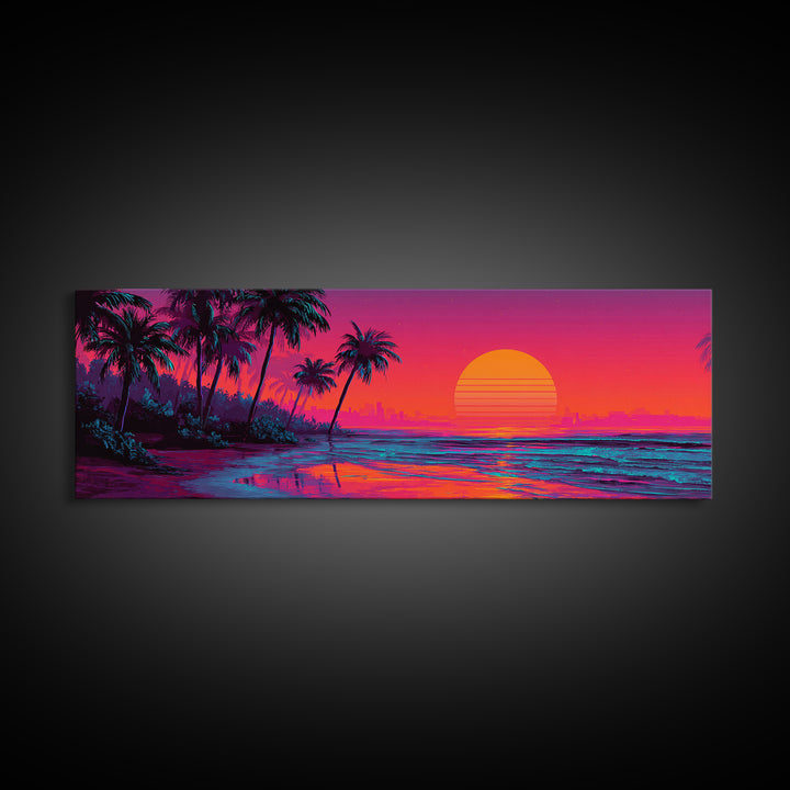 Synthwave Palm Beach Sunset Wall Art, Retro Tropical Ocean Canvas Print, Neon Coastal Decor, Colorful Summer Room Poster