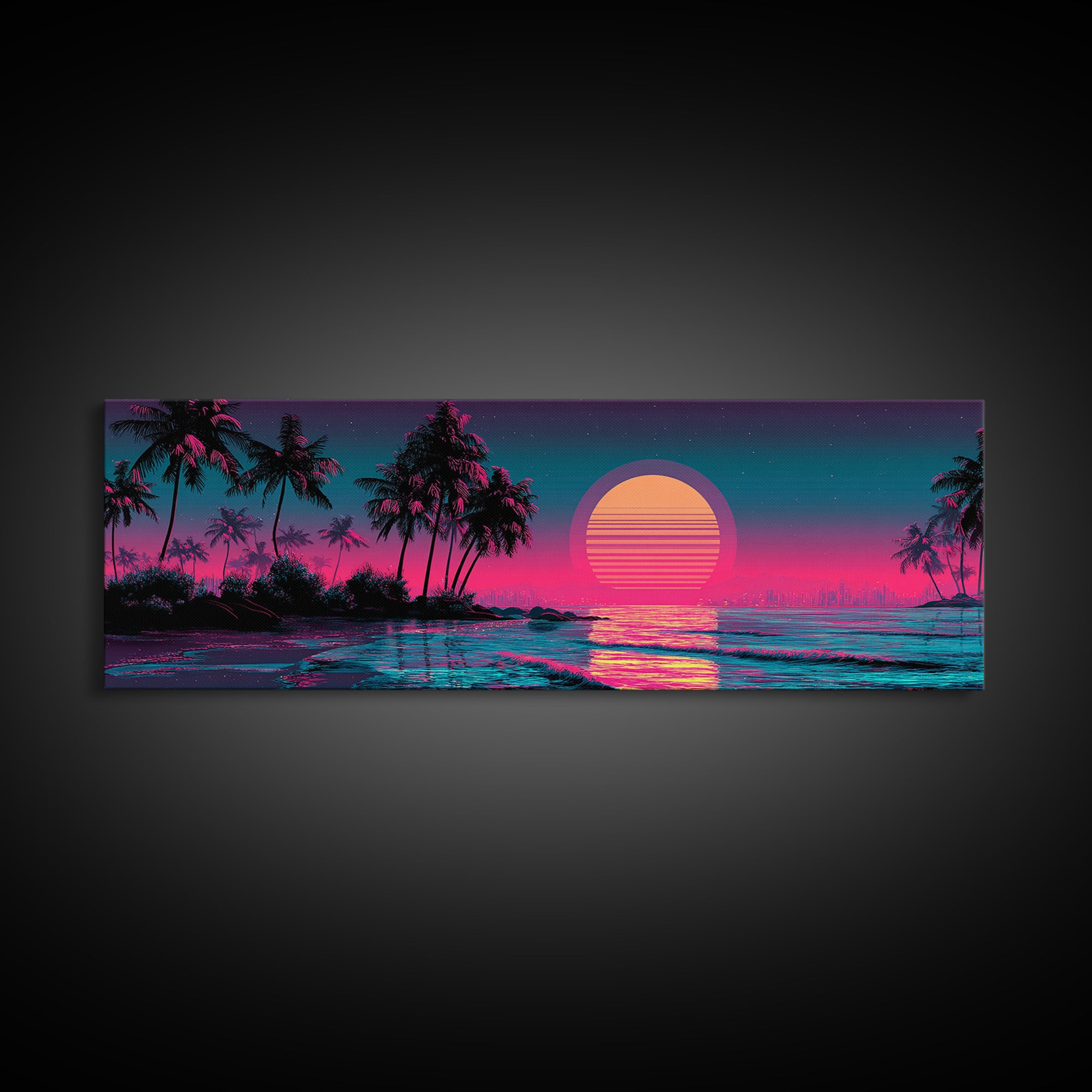 Neon Tropical Palm Sunset Canvas Print, Synthwave Beach Wall Art, Vaporwave Poster, Coastal Decor, Pink Blue Room Decor, Trendy Wall Decor