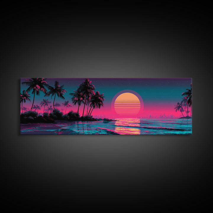 Neon Tropical Palm Sunset Canvas Print, Synthwave Beach Wall Art, Vaporwave Poster, Coastal Decor, Pink Blue Room Decor, Trendy Wall Decor