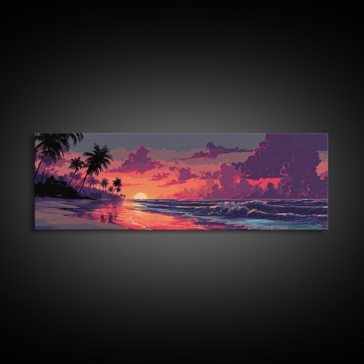 Tropical Palm Beach Sunset Wall Art, Coastal Home Decor, Ocean Wave Print, Beach House Canvas, Summer Living Room Decor Gift