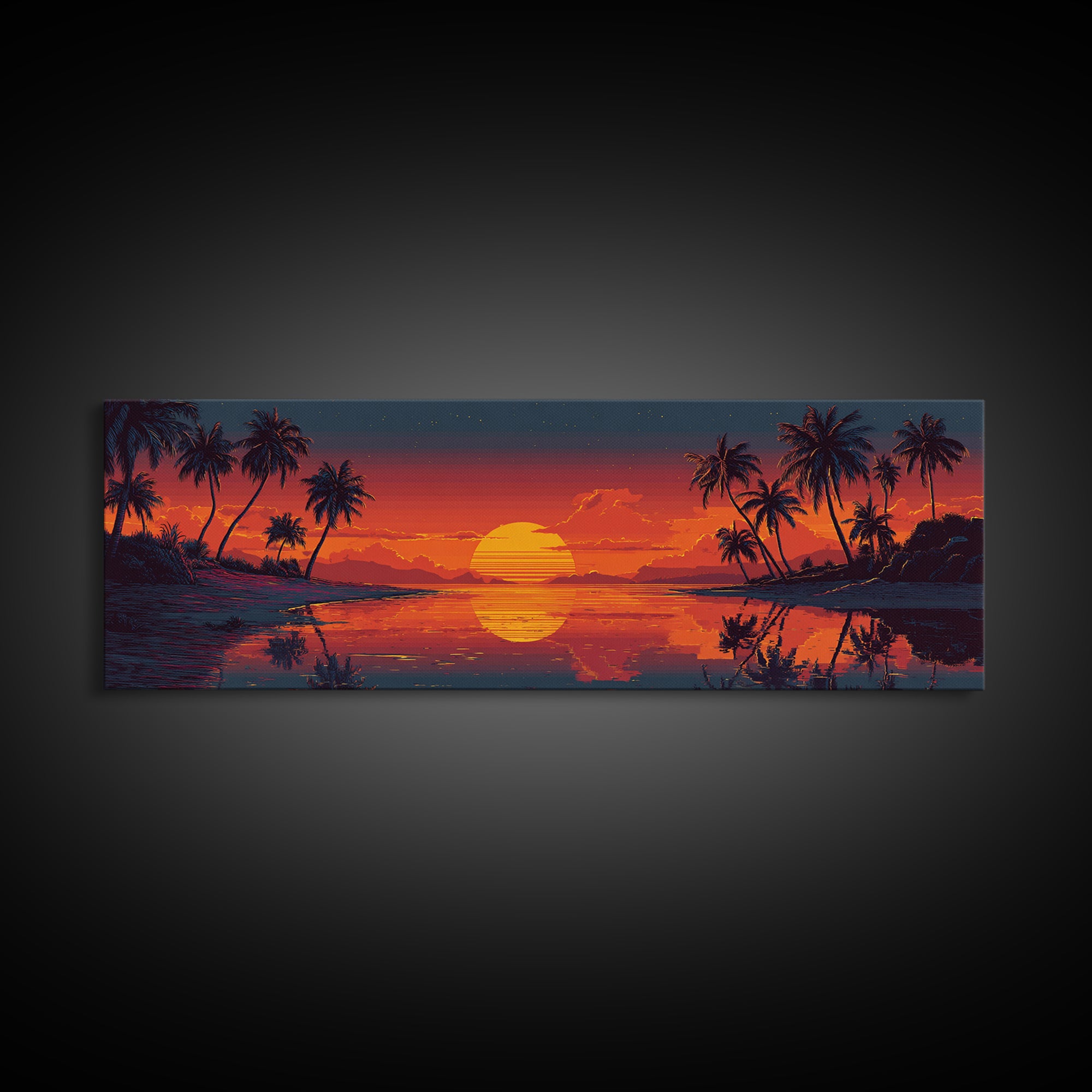 Retro Tropical Sunset Lagoon Wall Art, Pixel Beach Canvas Print, Palm Tree Decor, Coastal Wall Art, Vibrant Wall Decor, Home Decor