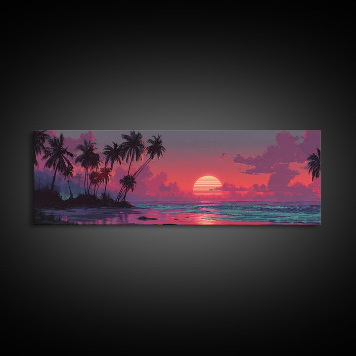 Tropical Island Sunset Canvas Print, Retro Beach Wall Art, Palm Tree Ocean Decor, Modern Coastal Bedroom Poster, Summer Vibes