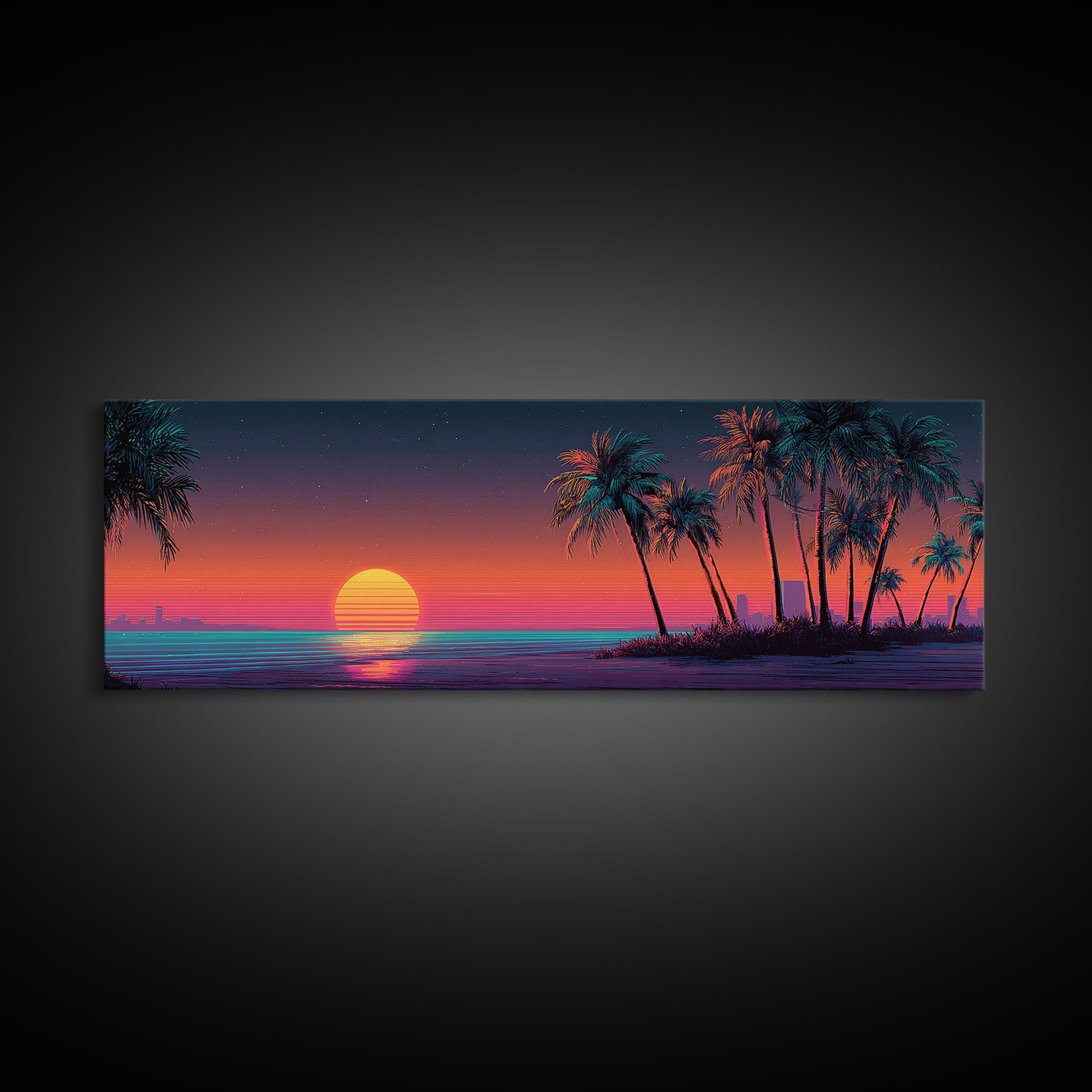 Retro Neon Beach Sunset With Palm Trees Wall Art, Synthwave Coastal Canvas Print, Tropical Ocean Decor, Large Panoramic Living Room Art