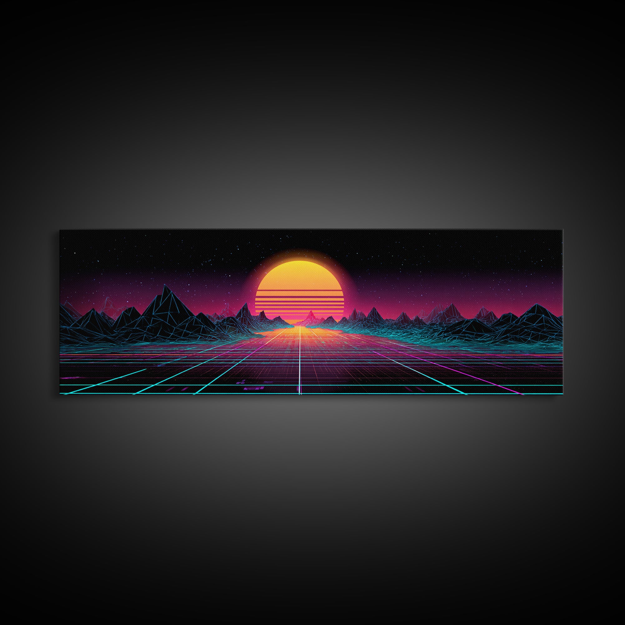Retro Synthwave Sunset Mountain Wall Art, Vaporwave Canvas Print For Gaming Room Decor, Neon 80s Poster And Dorm Decor Gift