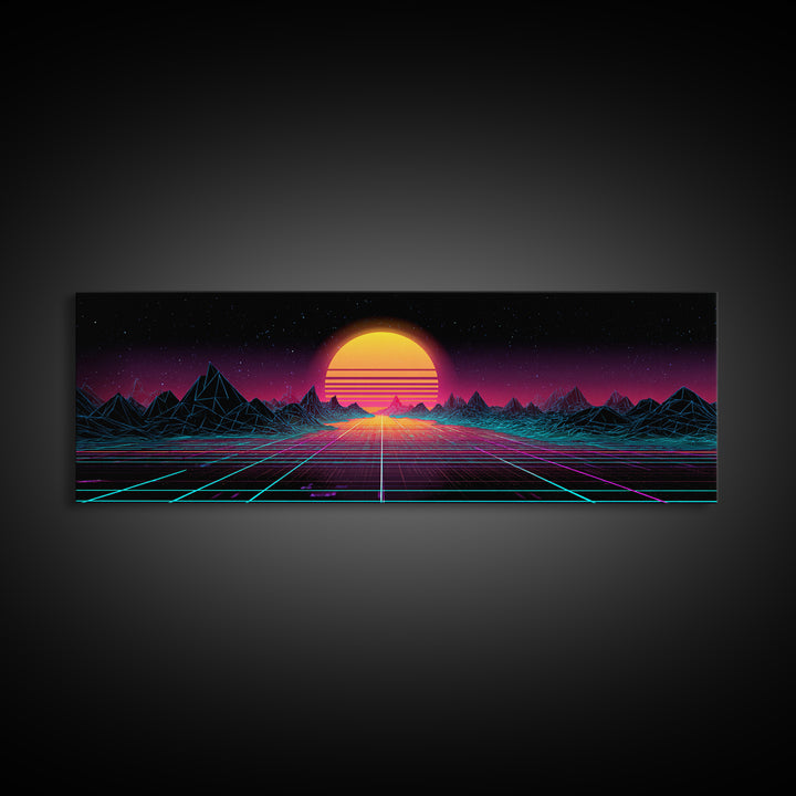 Retro Synthwave Sunset Mountain Wall Art, Vaporwave Canvas Print For Gaming Room Decor, Neon 80s Poster And Dorm Decor Gift