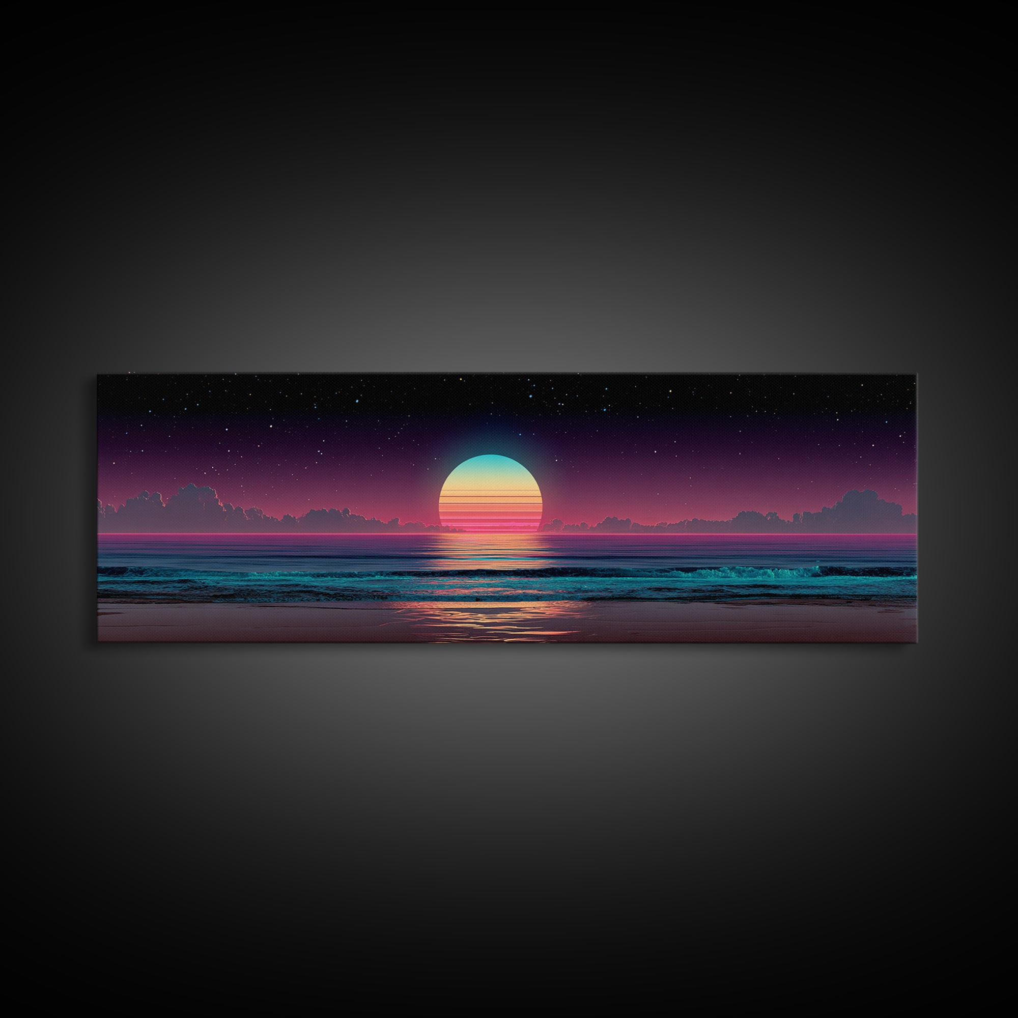 Retro Cosmic Ocean Sunset Canvas Print, Neon Beach Wall Art, Synthwave Seascape, Coastal Decor, Bedroom Poster, Home Decor