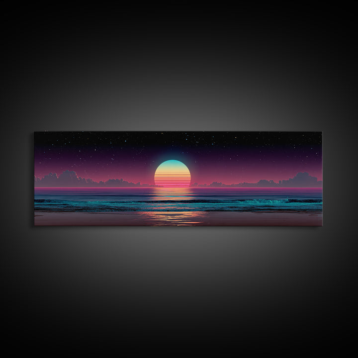 Retro Cosmic Ocean Sunset Canvas Print, Neon Beach Wall Art, Synthwave Seascape, Coastal Decor, Bedroom Poster, Home Decor