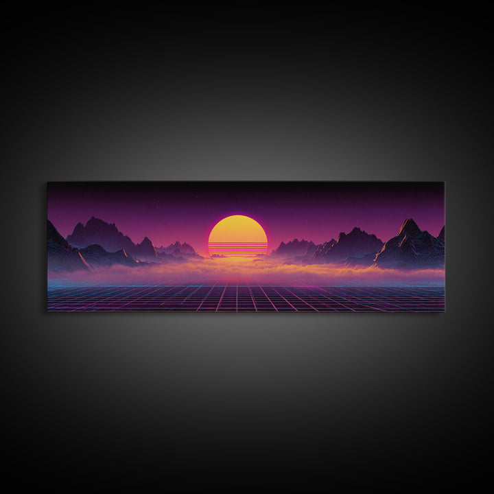 Neon Retro Futuristic Sunset Wall Art, Synthwave Mountain Grid Canvas, Vaporwave Decor, Gaming Room Poster, 80s Art, Cyberpunk Gift