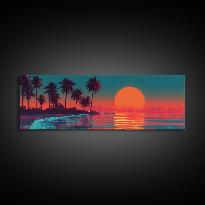 Retro Tropical Sunset Canvas Print, Palm Tree Beach Wall Art, Coastal Decor, Ocean Landscape, Summer Vibes, Large Wall Decor