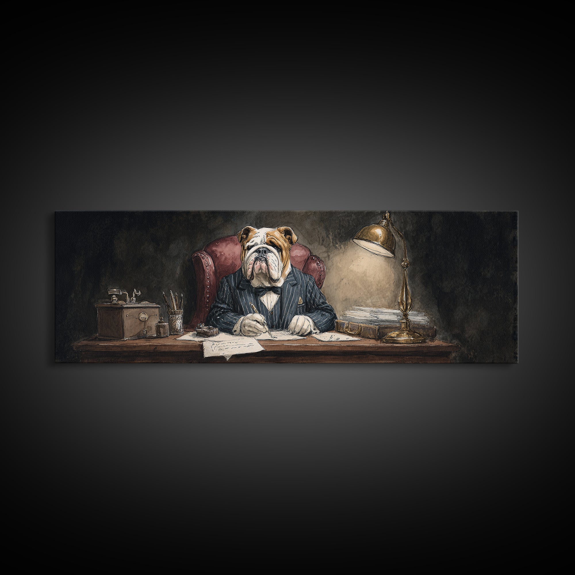 Bulldog Lawyer At Desk Framed Canvas Print, Moody Office Wall Art, Funny Animal Portrait For Law Office Decor Housewarming Gift