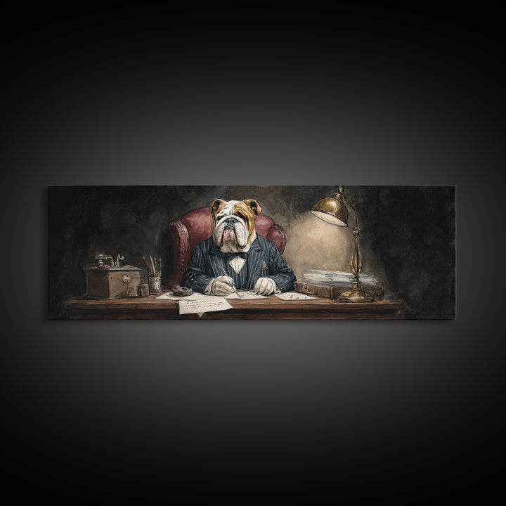 Bulldog Lawyer At Desk Framed Canvas Print, Moody Office Wall Art, Funny Animal Portrait For Law Office Decor Housewarming Gift