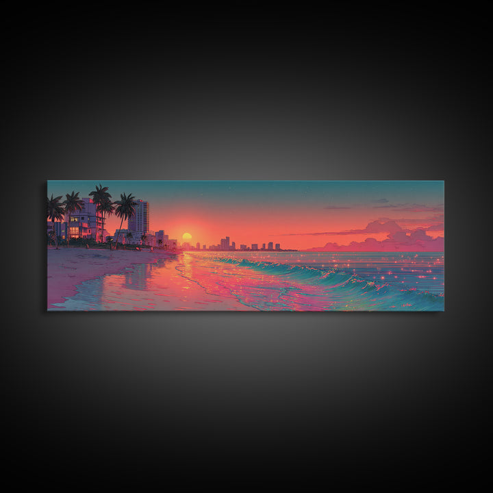 Pixel Art Beach Sunset And Neon Shoreline Wall Art, Miami Coastal Print, Retro Travel Poster, Ocean Decor For Living Room