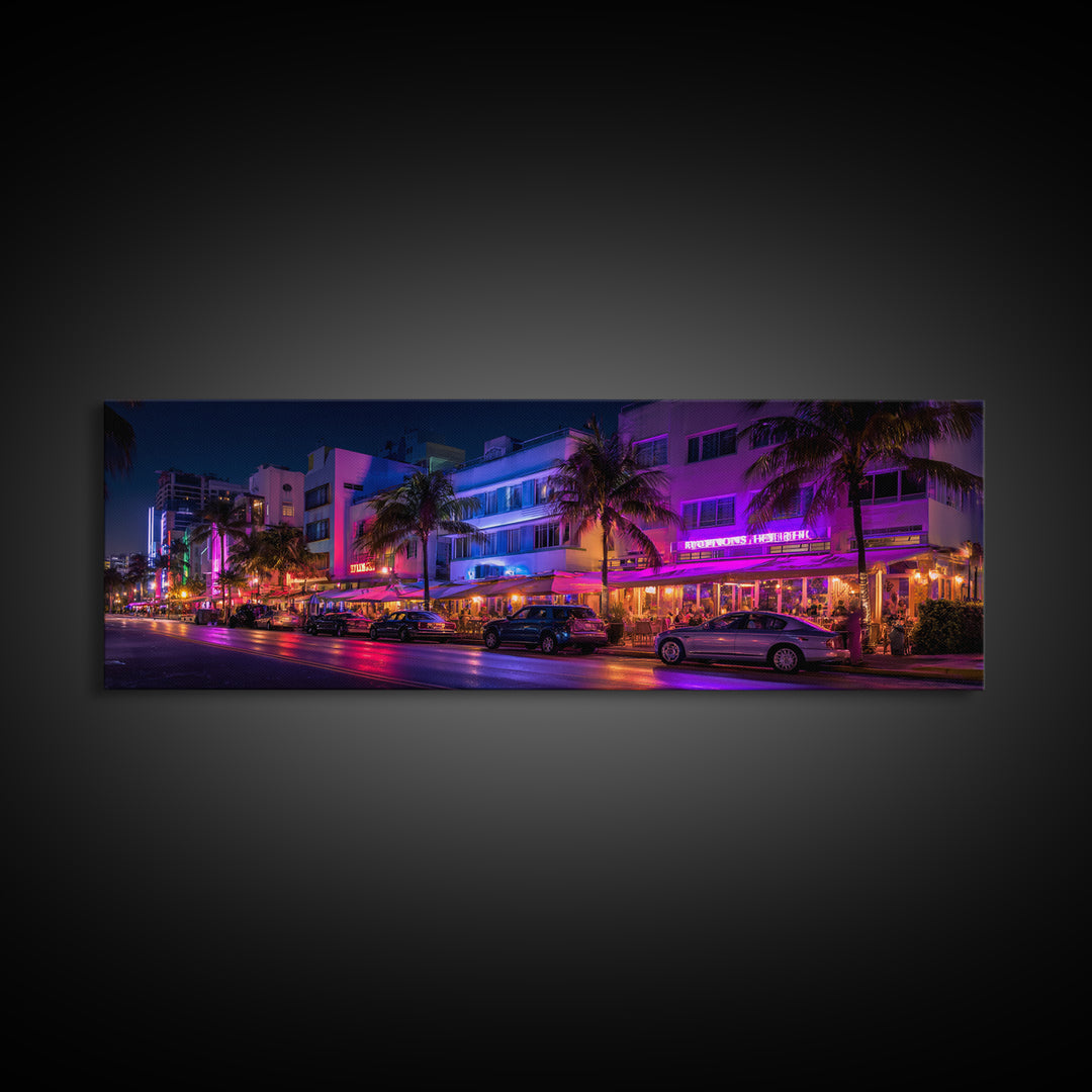 Neon Miami Beach Street Canvas Print, Art Deco Hotel Wall Art, Tropical Nightlife, Travel Poster, Cityscape Home Decor Print