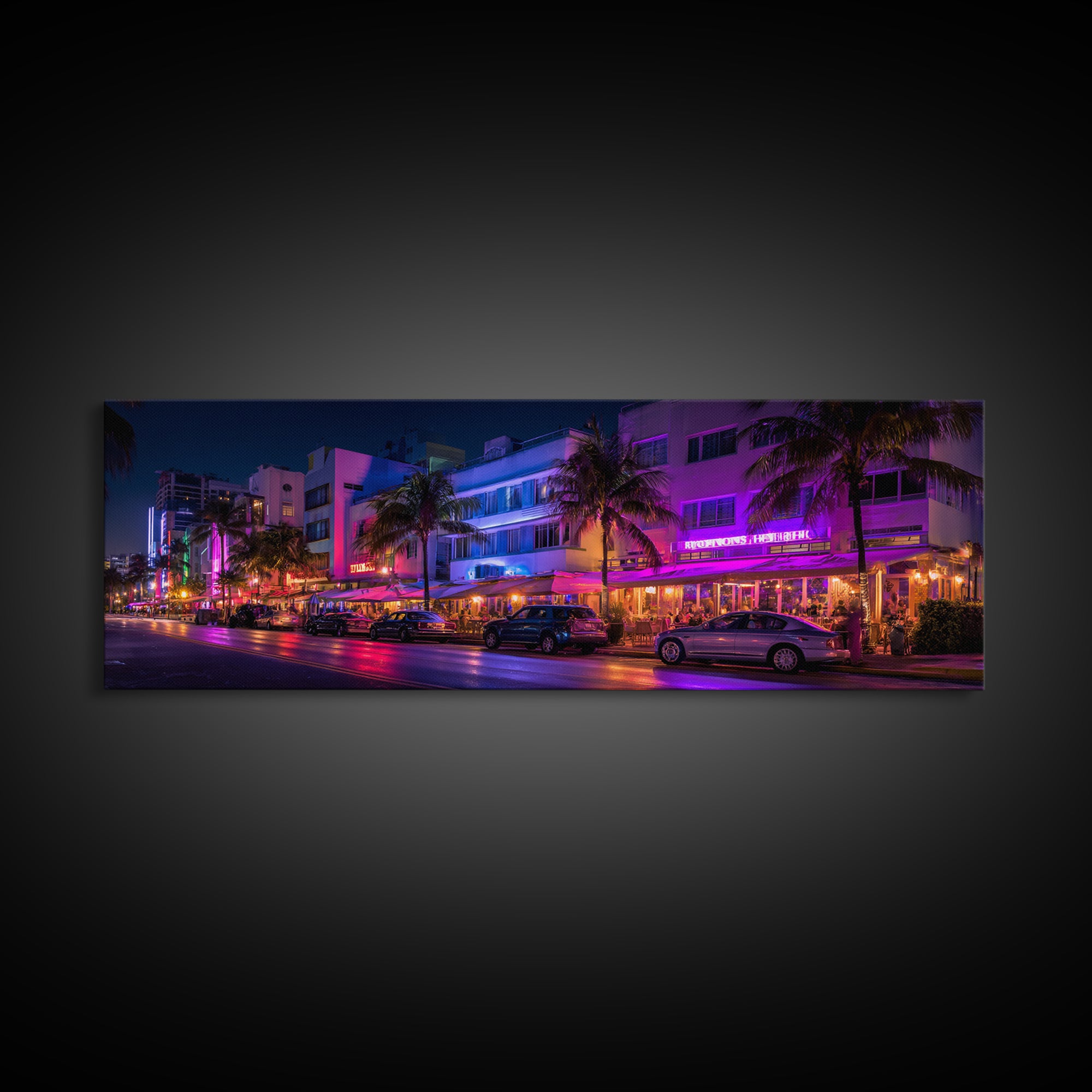 Neon Miami Beach Street Canvas Print, Art Deco Hotel Wall Art, Tropical Nightlife, Travel Poster, Cityscape Home Decor Print