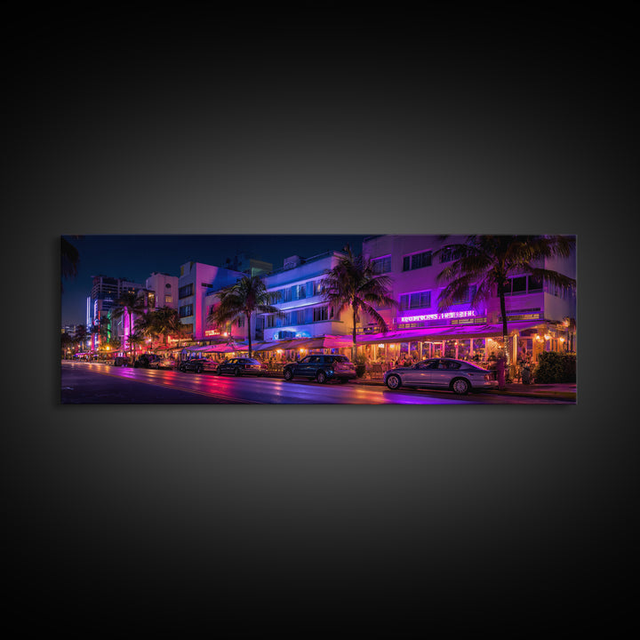 Neon Miami Beach Street Canvas Print, Art Deco Hotel Wall Art, Tropical Nightlife, Travel Poster, Cityscape Home Decor Print