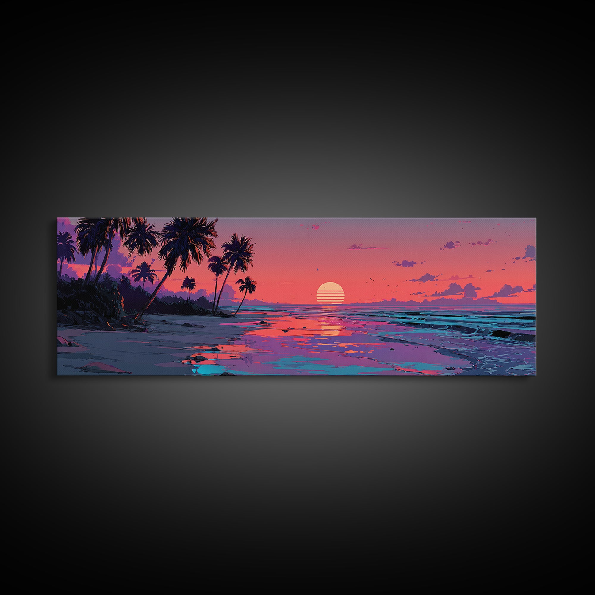 Pink Tropical Island Sunset With Palms Canvas Print, Beach Wall Art, Coastal Home Decor, Ocean Poster, Summer Gift For Her