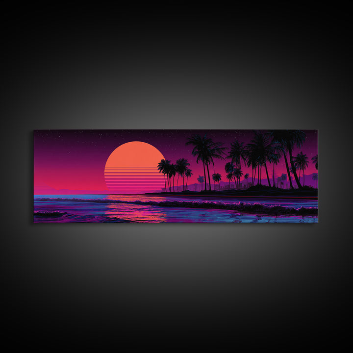 Neon Tropical Palm Sunset Canvas Print, Retro Beach Wall Art, Synthwave Coastal Decor, Vibrant Living Room Poster, Dopamine Decor Gift