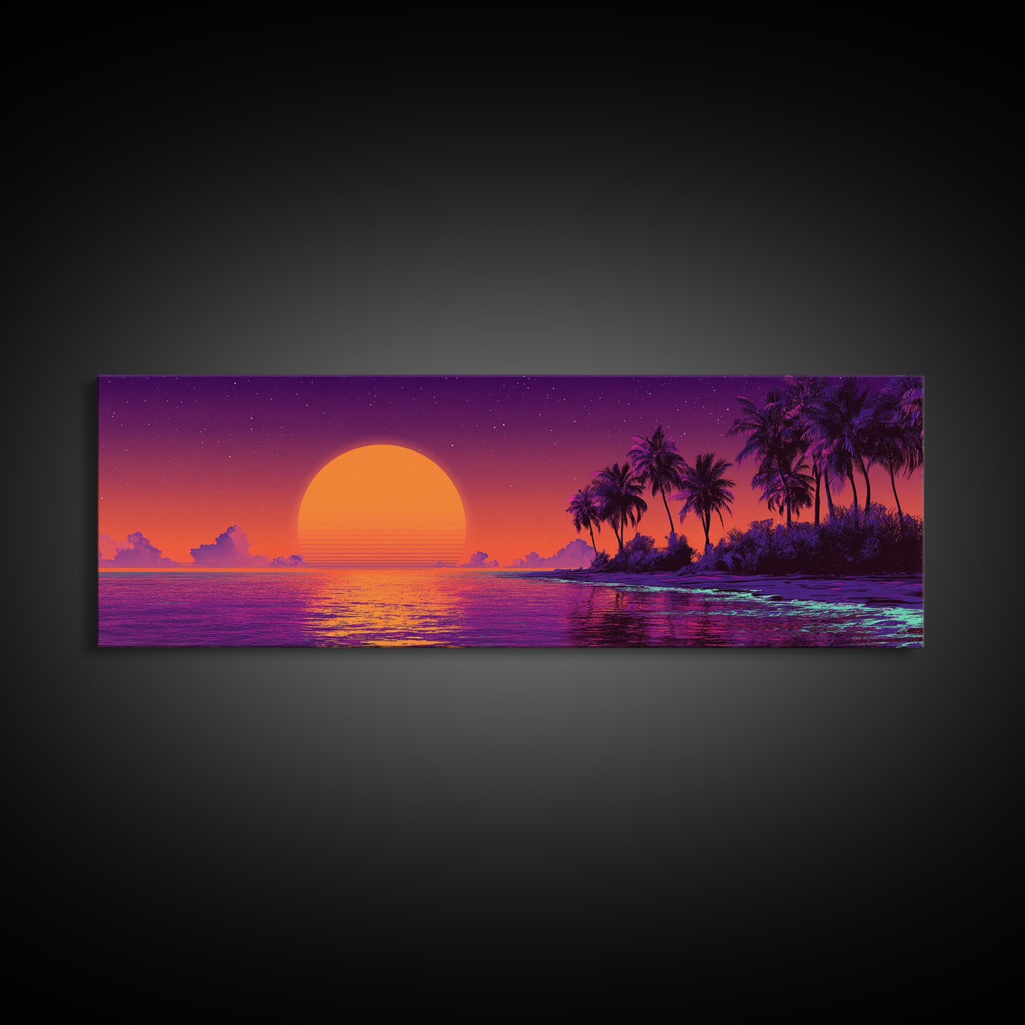 Retro Tropical Sunset Beach Island Wall Art, Purple Ocean Canvas Print, Palm Tree Vaporwave Decor, Coastal Summer Gift For Her