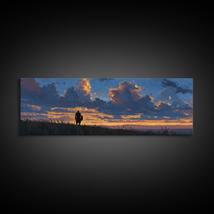 Dramatic Lone Figure Under Fiery Clouds Wall Art, Moody Sunset Landscape Canvas Print, Rustic Nature Decor, Gift For Him Or Her