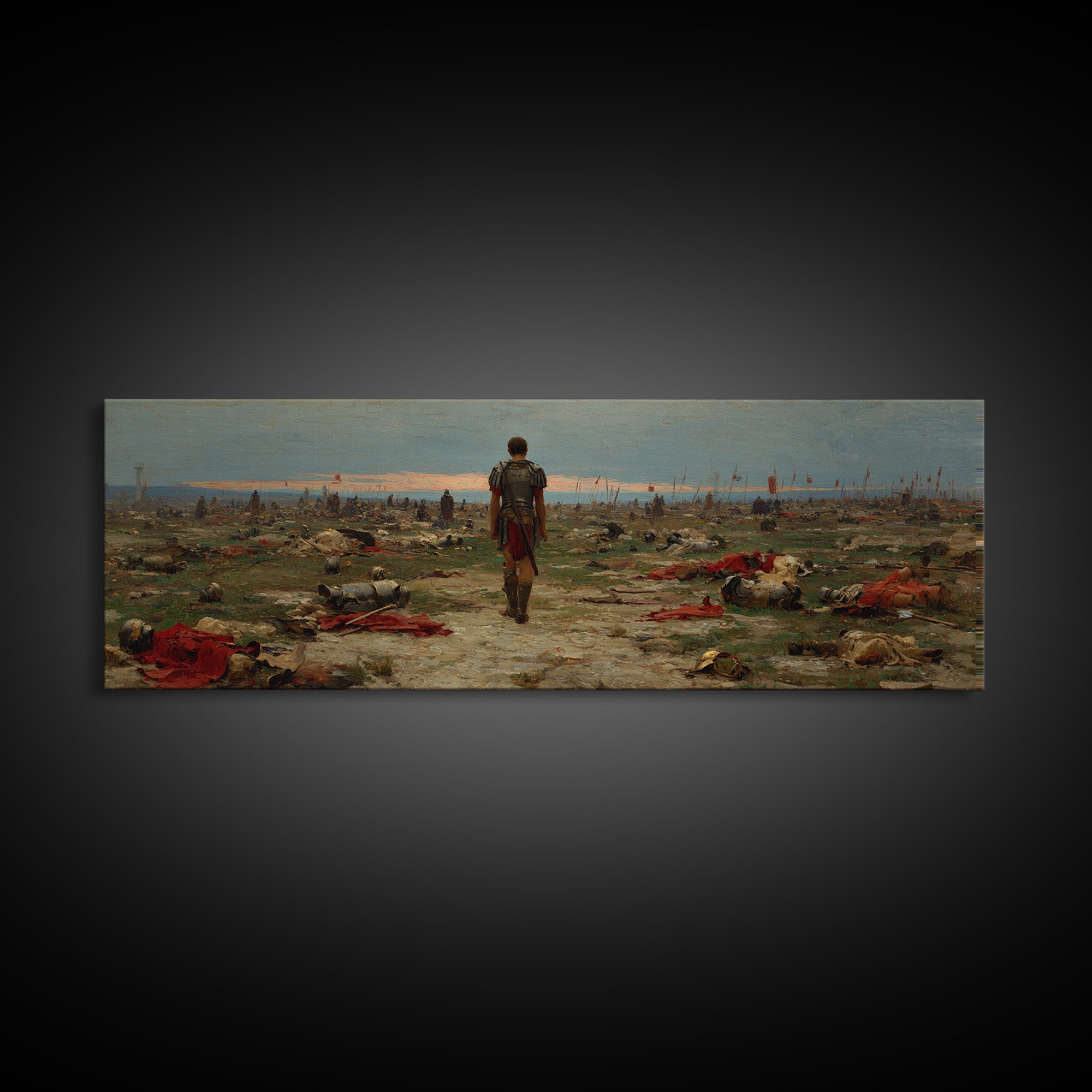 Lone Soldier Crossing Battlefield Wall Art, Panoramic Historical Landscape Canvas Print, Masculine Office Living Room Decor