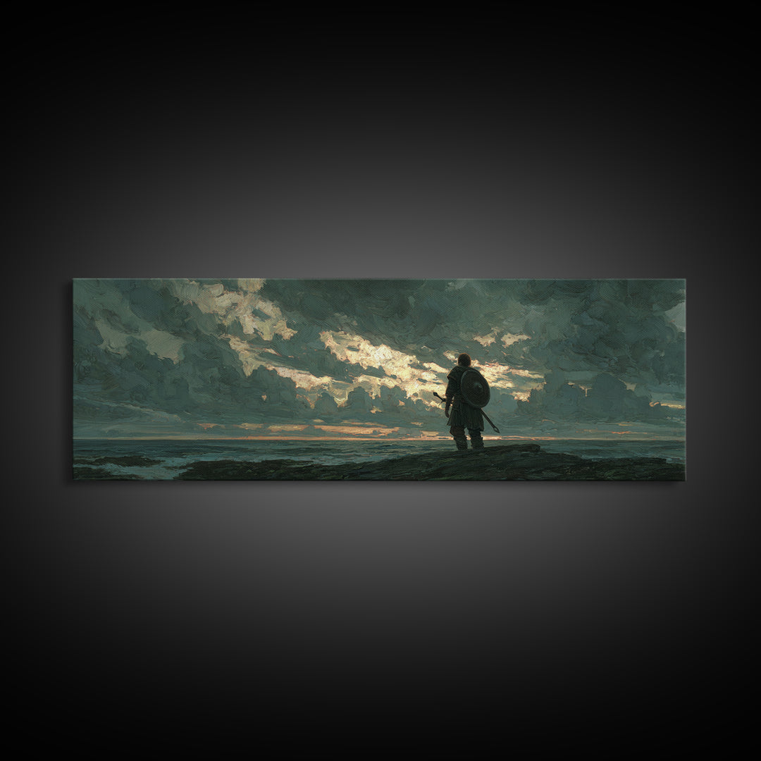 Lone Shield Warrior Under Stormy Coastal Sky Wall Art, Moody Seascape Landscape Print, Masculine Office Decor Gift For Him