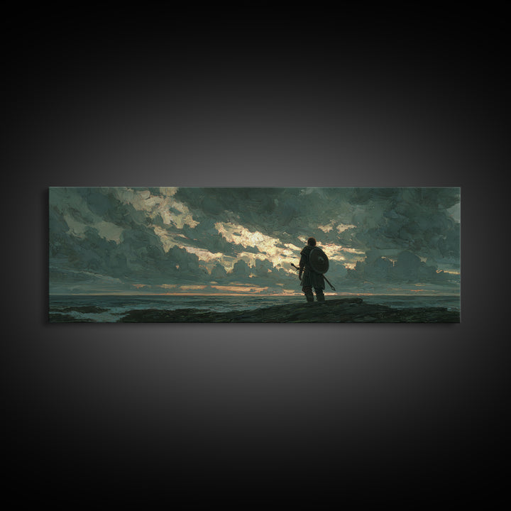Lone Shield Warrior Under Stormy Coastal Sky Wall Art, Moody Seascape Landscape Print, Masculine Office Decor Gift For Him