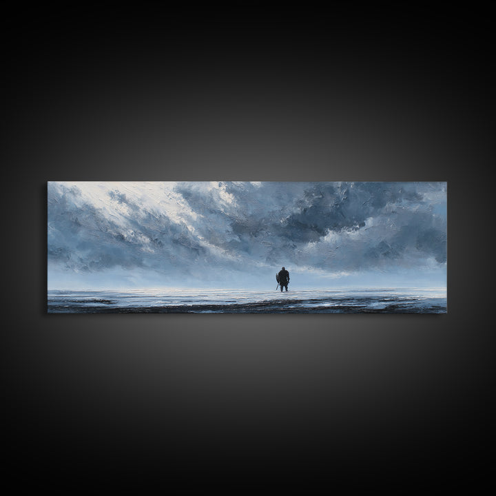 Lone Figure In Icy Storm Canvas Print, Blue Abstract Seascape Wall Art, Moody Ocean Landscape For Modern Living Room Decor