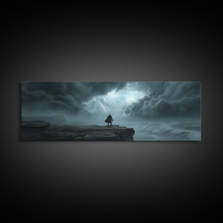 Cloaked Wanderer Under Lightning Canvas Print, Dark Storm Seascape Wall Art, Fantasy Landscape Decor, Moody Office Art Print